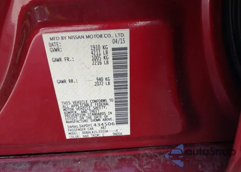 2015 Nissan Altima 2.5 Sv from USA, damaged, VIN 1N4AL3AP0FC434506